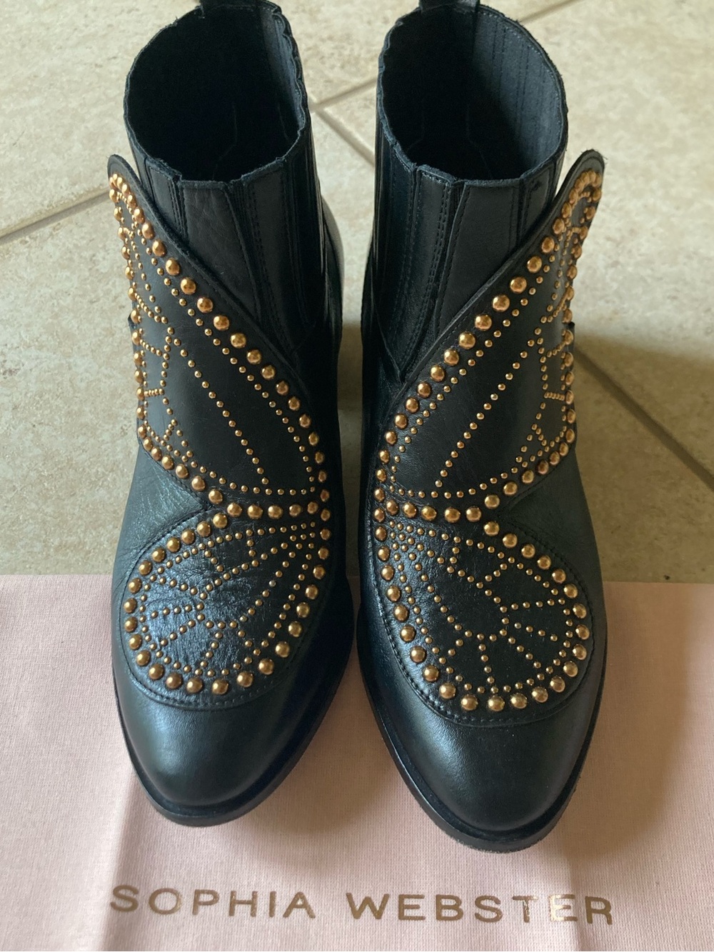 Sophia Webster Black Leather Ankle Boots with Gold Studs